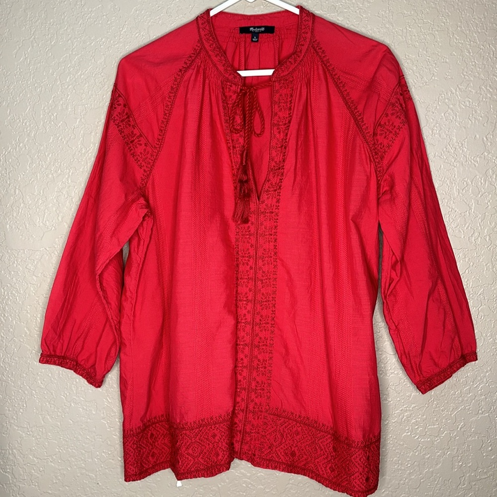 Madewell red embroidered popover with tassel ties - Picture 4 of 13